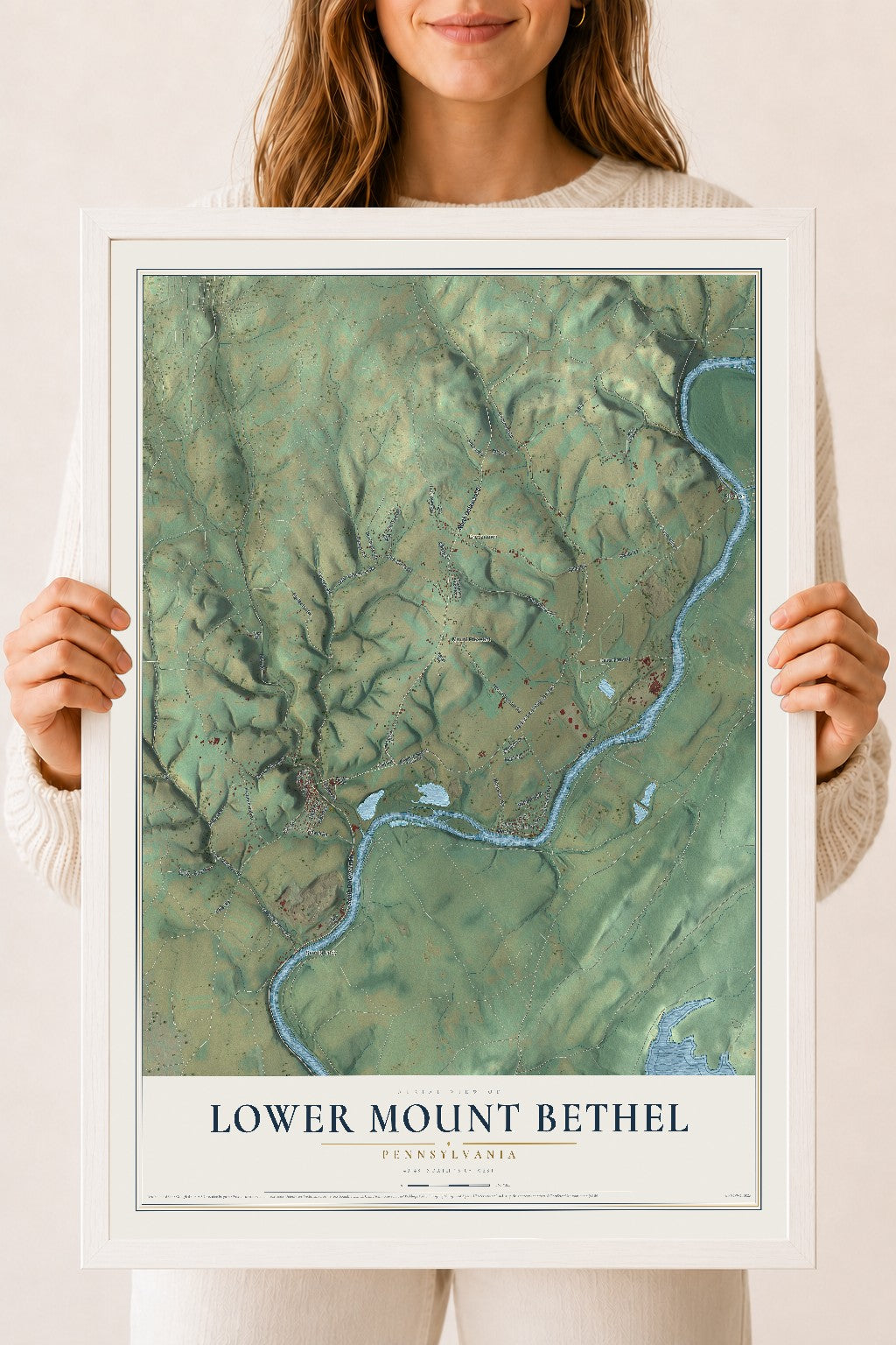Map of Lower Mount Bethel, Pennsylvania, 18 x 24 inch print in a white wood frame
