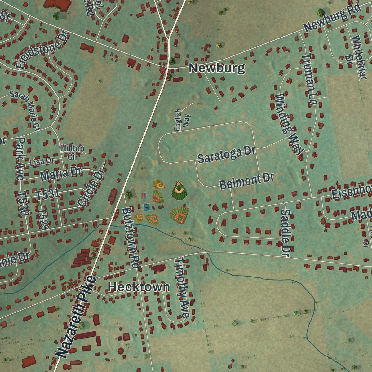 Close-up of the map of Lower Nazareth, Pennsylvania print showing street and building detail