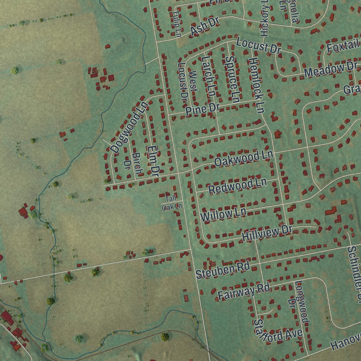 Second close-up of the map of Lower Nazareth, Pennsylvania print showing more streets and buildings