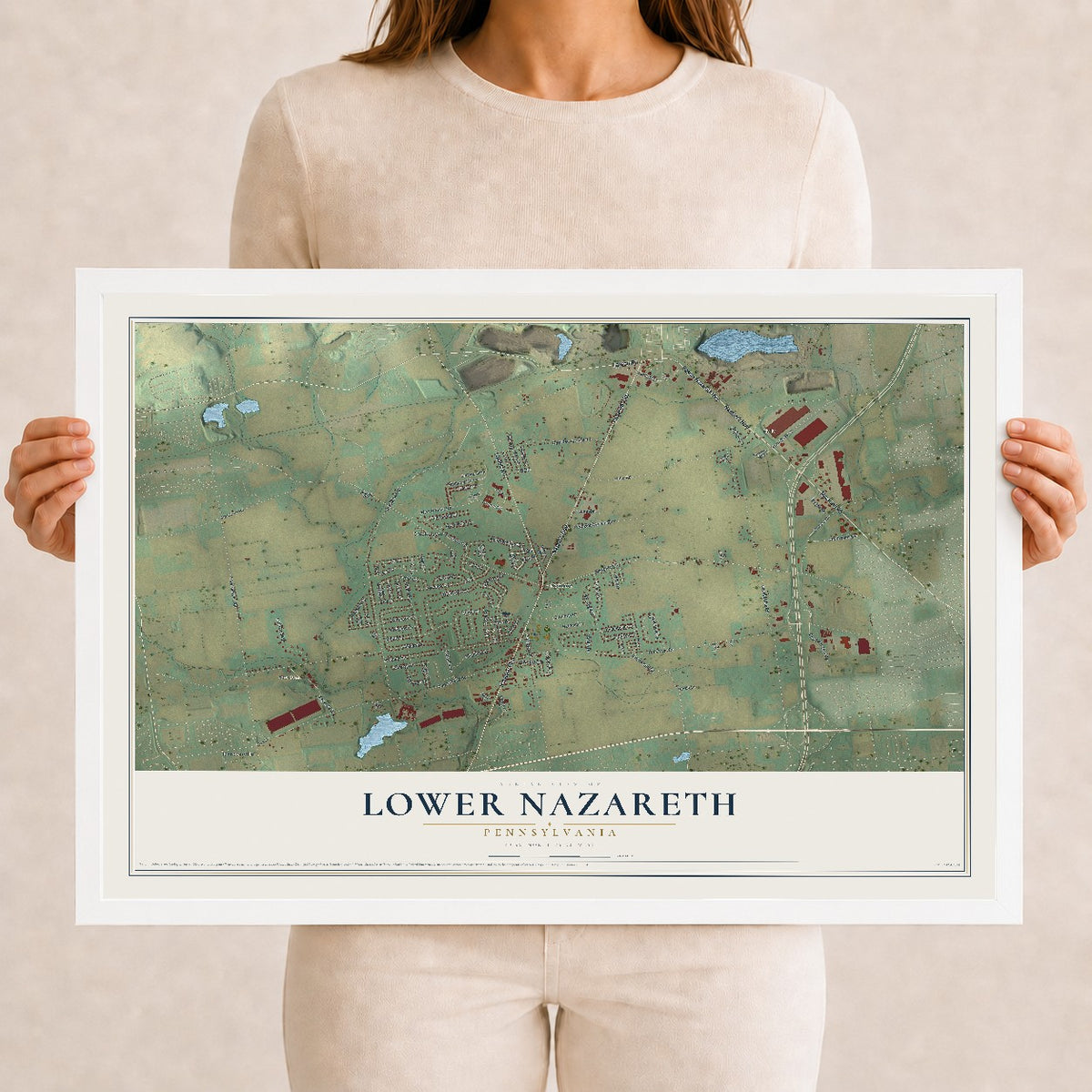 Map of Lower Nazareth, Pennsylvania, 12 x 18 inch print in a white wood frame