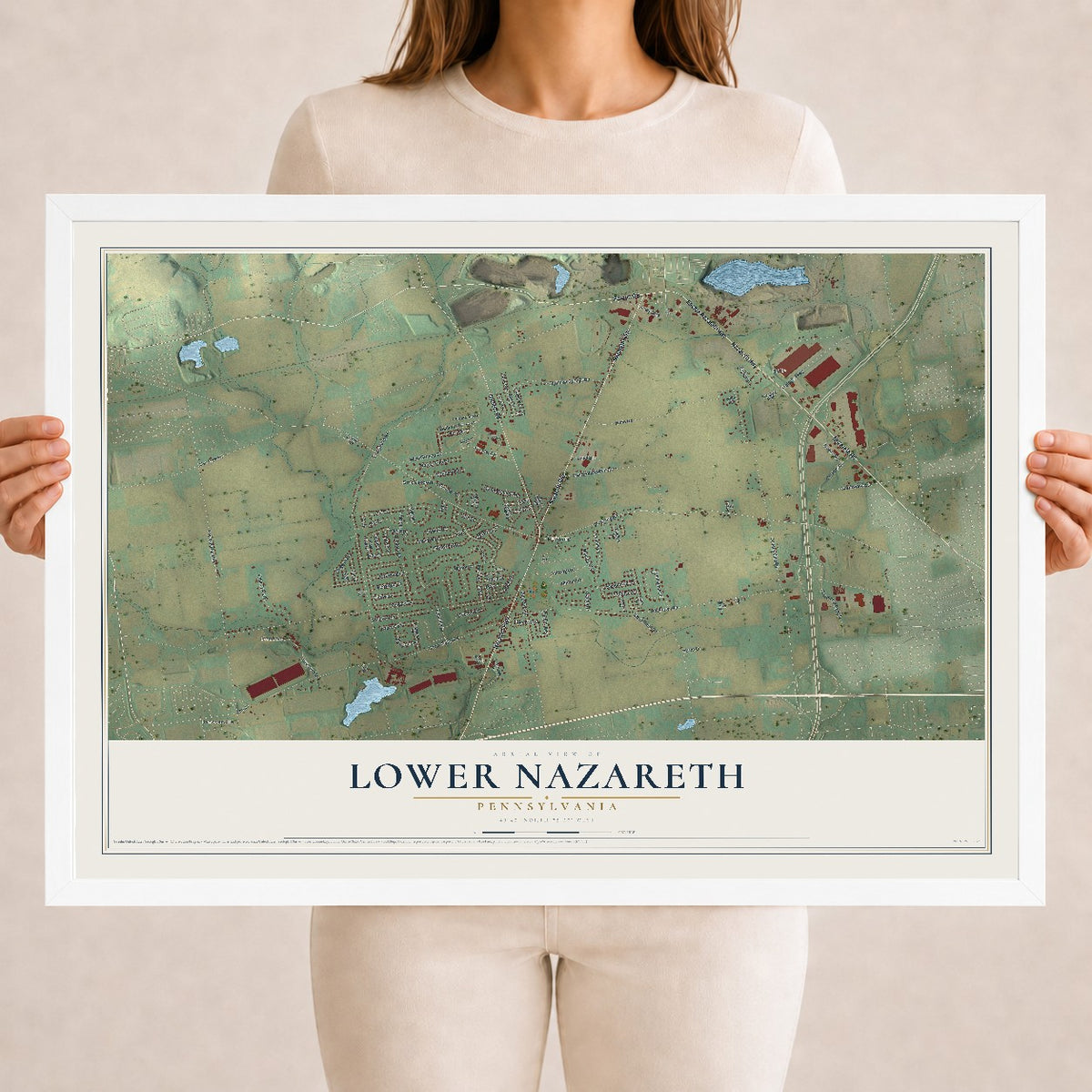 Map of Lower Nazareth, Pennsylvania, 18 x 24 inch print in a white wood frame