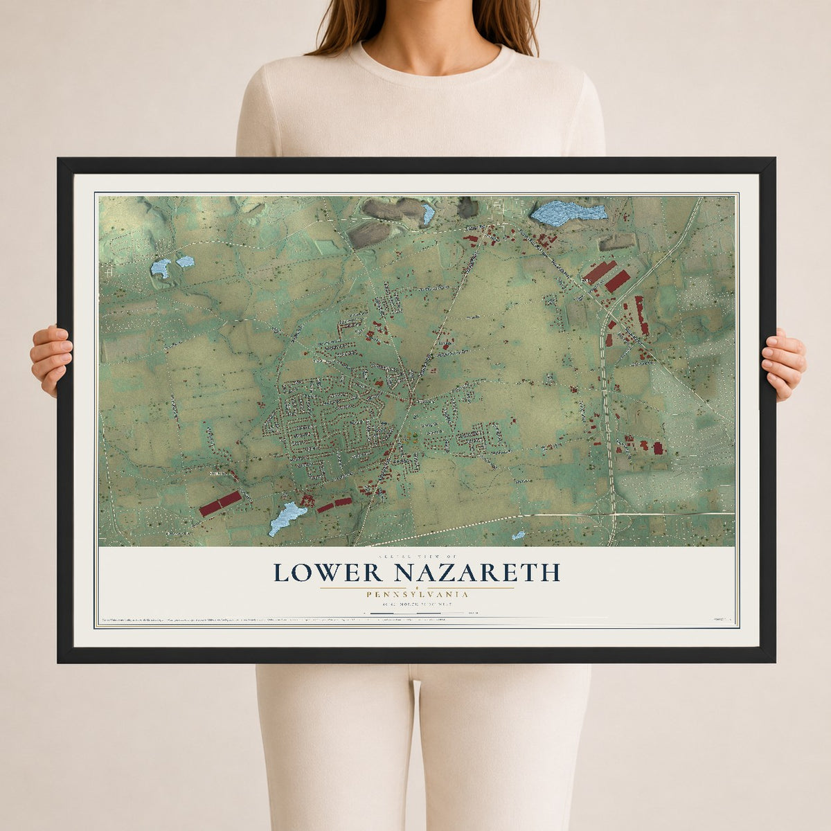 Map of Lower Nazareth, Pennsylvania, 24 x 36 inch print in a black wood frame