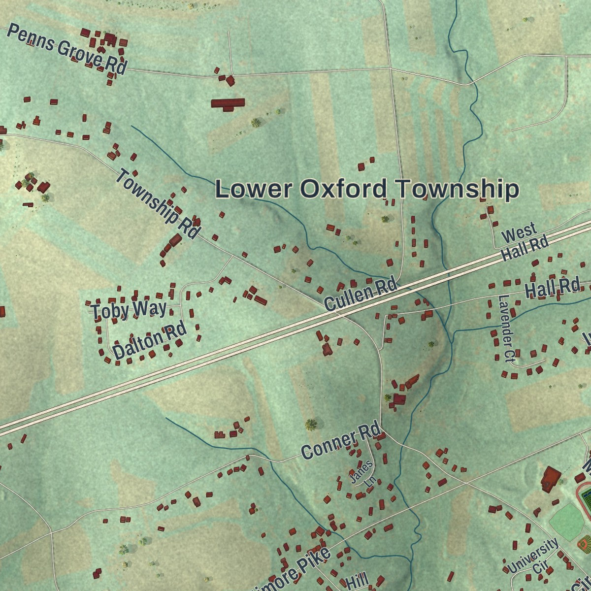 Second close-up of the map of Lower Oxford, Pennsylvania print showing more streets and buildings