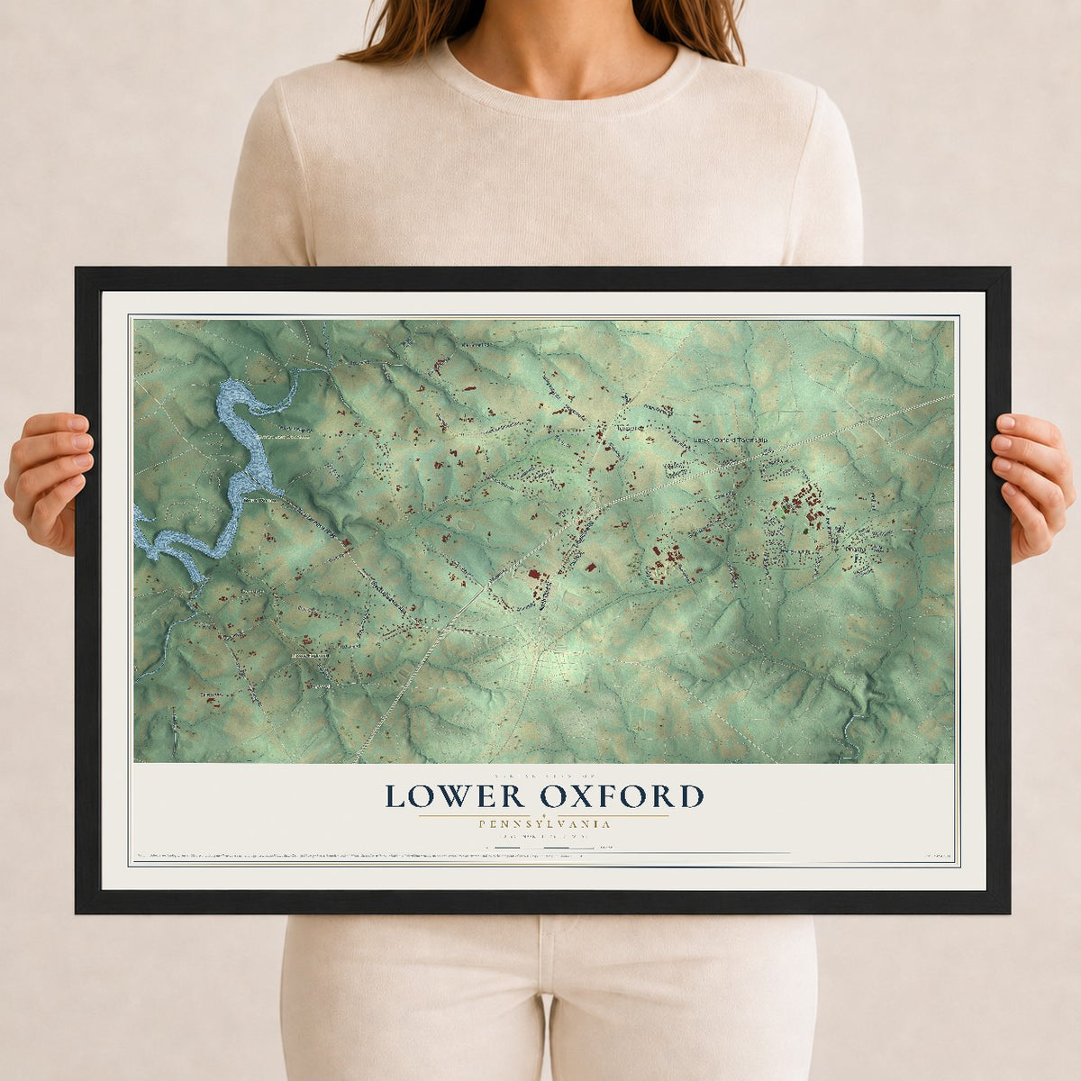 Map of Lower Oxford, Pennsylvania, 12 x 18 inch print in a black wood frame