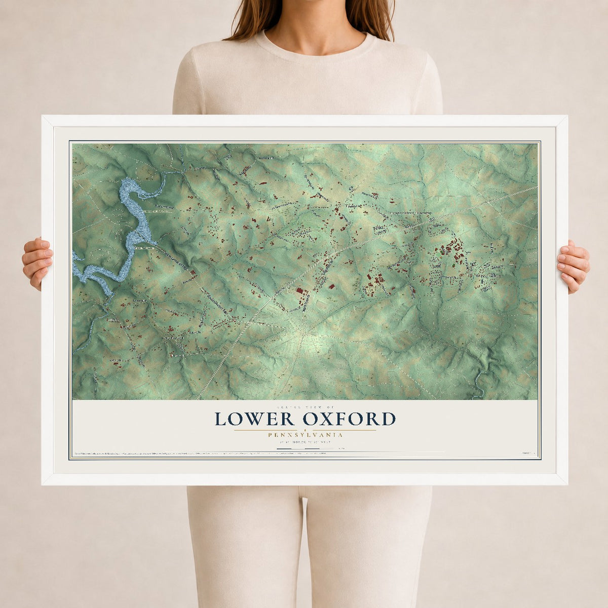 Map of Lower Oxford, Pennsylvania, 24 x 36 inch print in a white wood frame