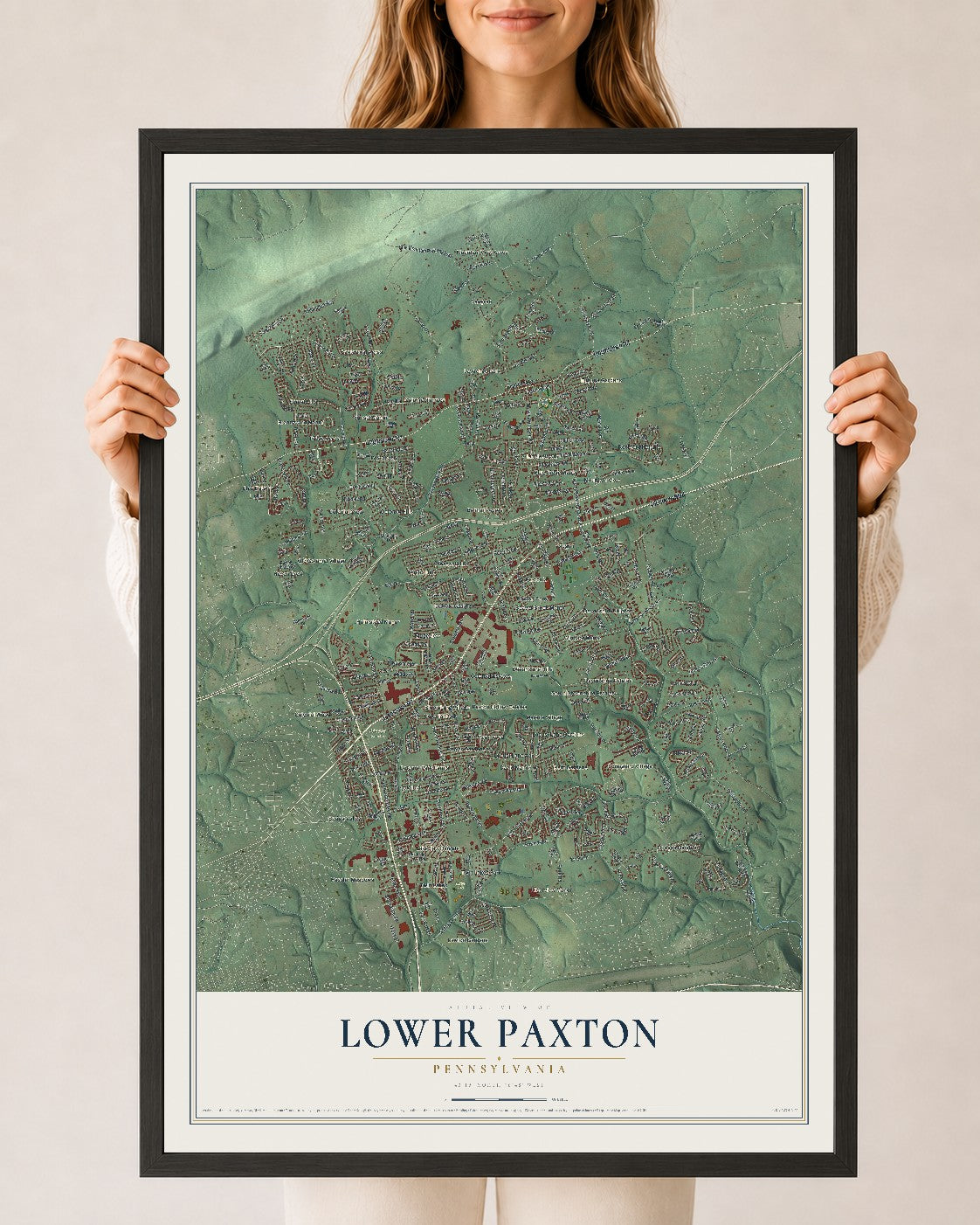 Map of Lower Paxton, Pennsylvania, 24 x 36 inch print in a black wood frame
