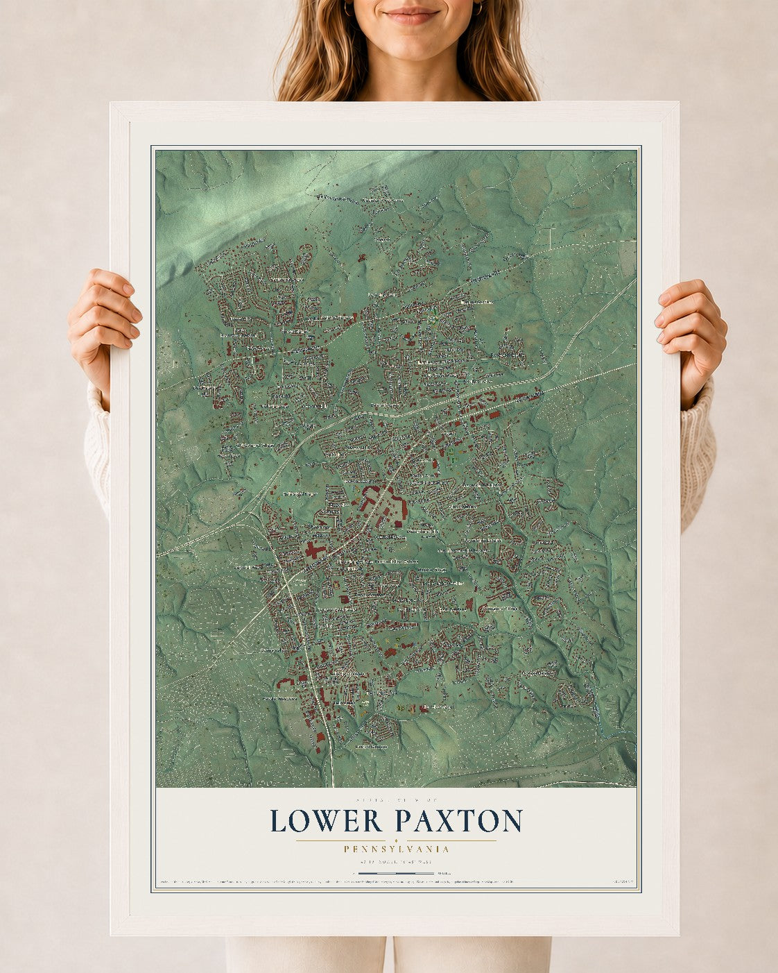 Map of Lower Paxton, Pennsylvania, 24 x 36 inch print in a white wood frame