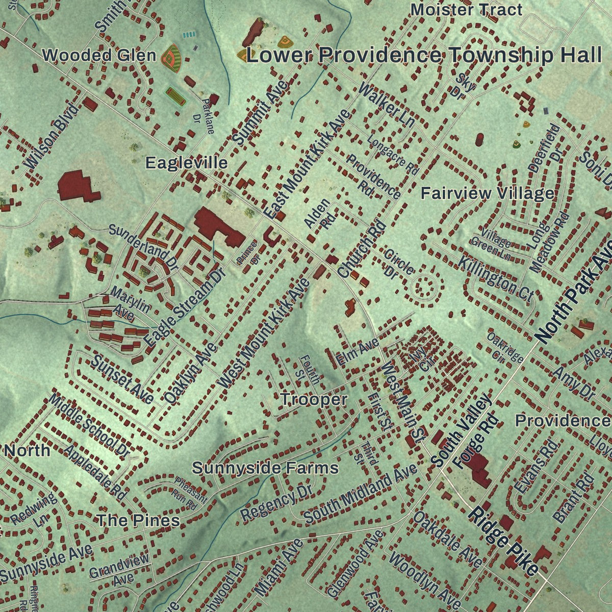 Close-up of the map of Lower Providence, Pennsylvania print showing street and building detail