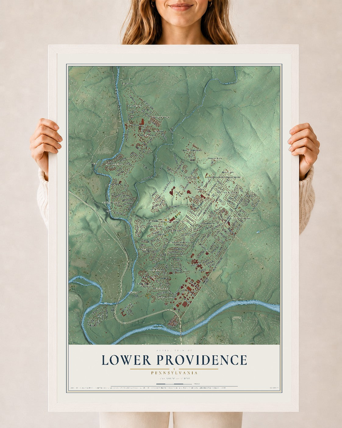 Map of Lower Providence, Pennsylvania, 24 x 36 inch print in a white wood frame