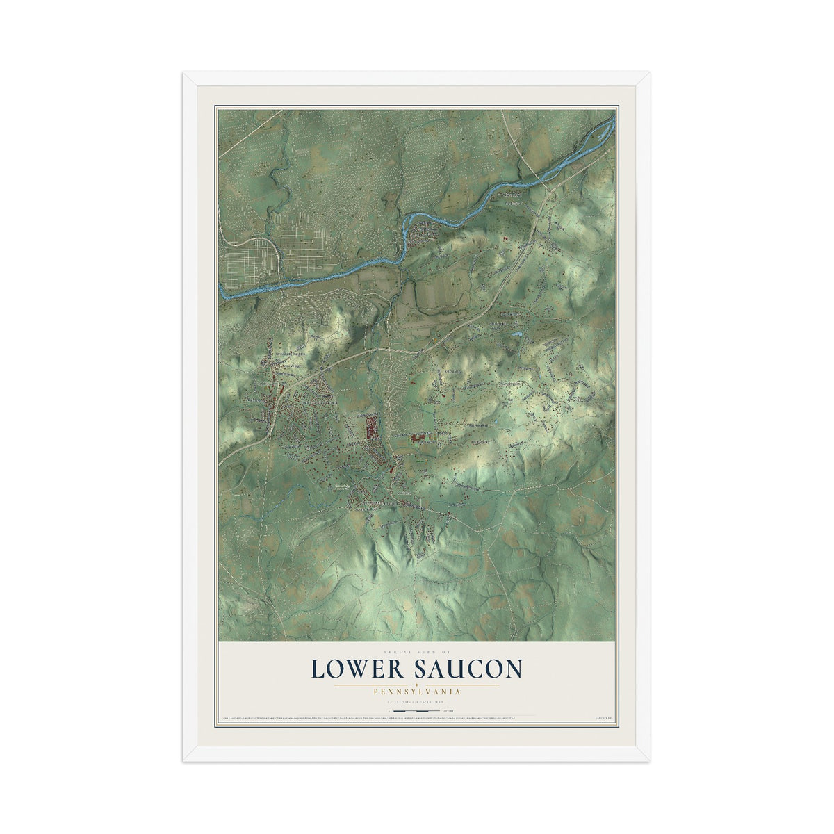 Map of Lower Saucon, Pennsylvania, 12 x 18 inch print in a white wood frame