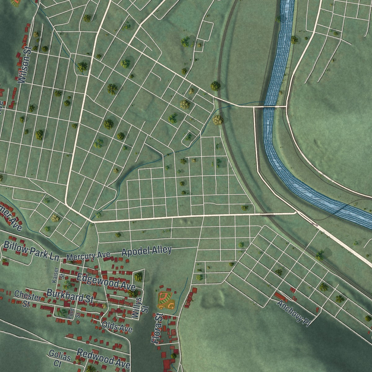 Close-up of the map of Lower Yoder, Pennsylvania print showing street and building detail