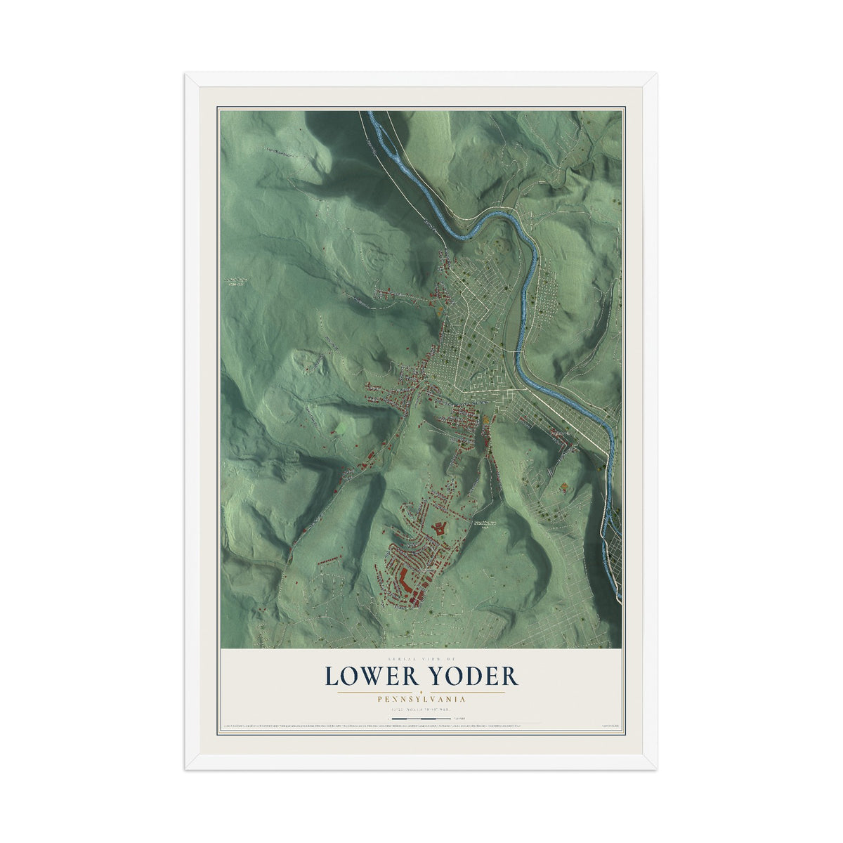 Map of Lower Yoder, Pennsylvania, 12 x 18 inch print in a white wood frame