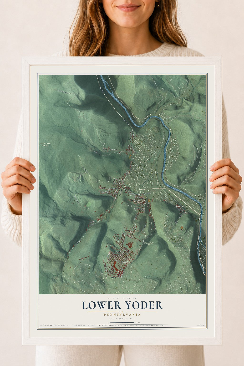 Map of Lower Yoder, Pennsylvania, 18 x 24 inch print in a white wood frame