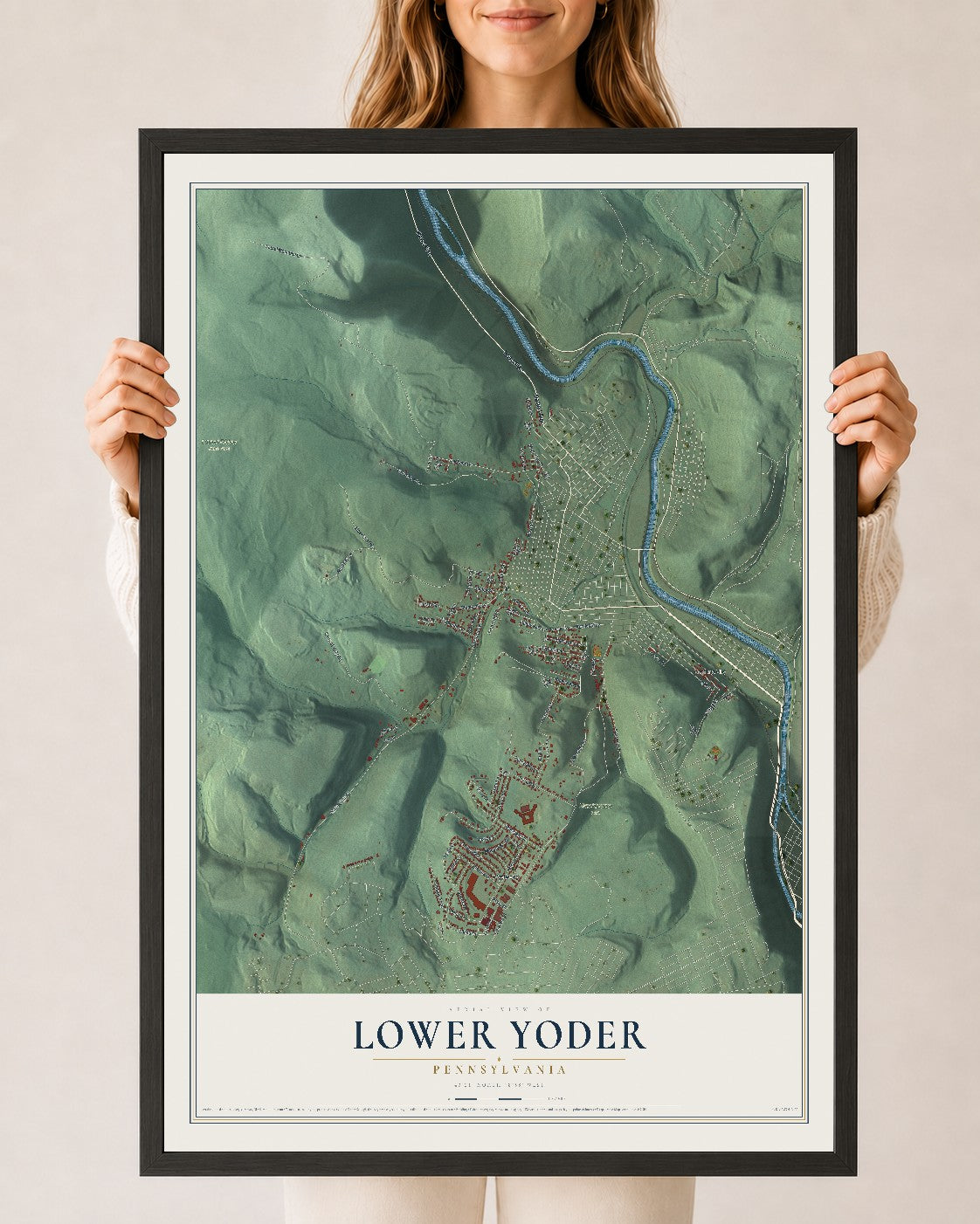 Map of Lower Yoder, Pennsylvania, 24 x 36 inch print in a black wood frame