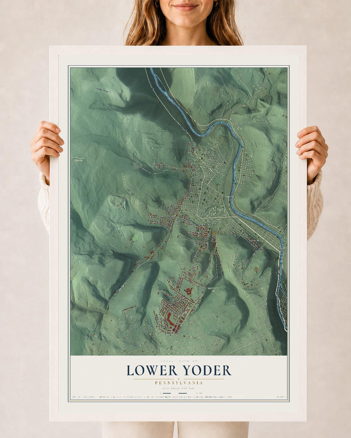 Map of Lower Yoder, Pennsylvania, 24 x 36 inch print in a white wood frame