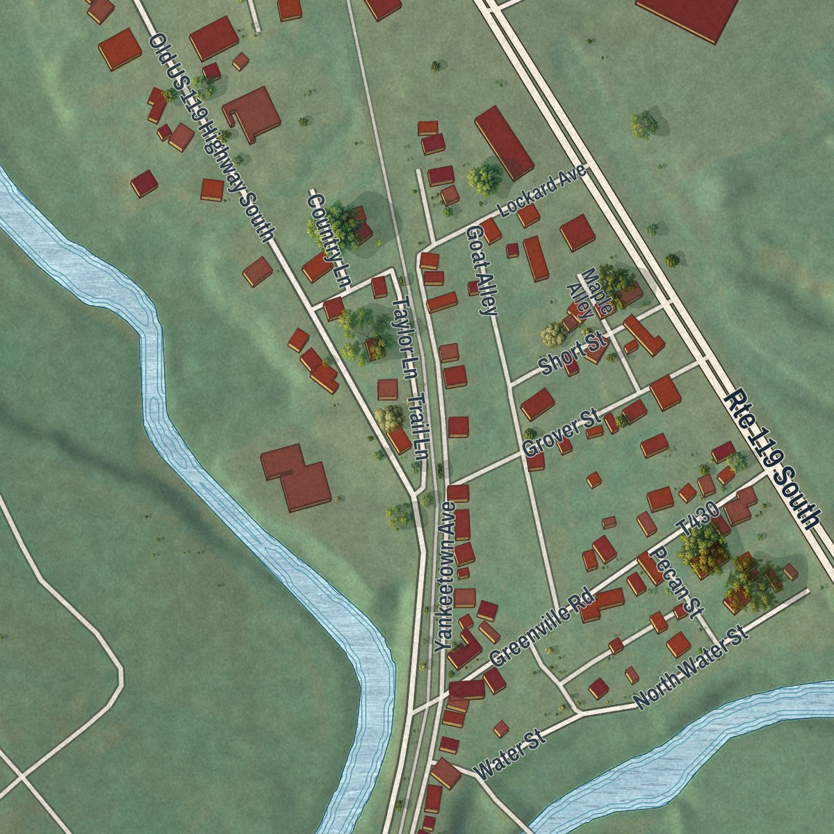 Close-up of the map of Lucerne Mines, Pennsylvania print showing street and building detail