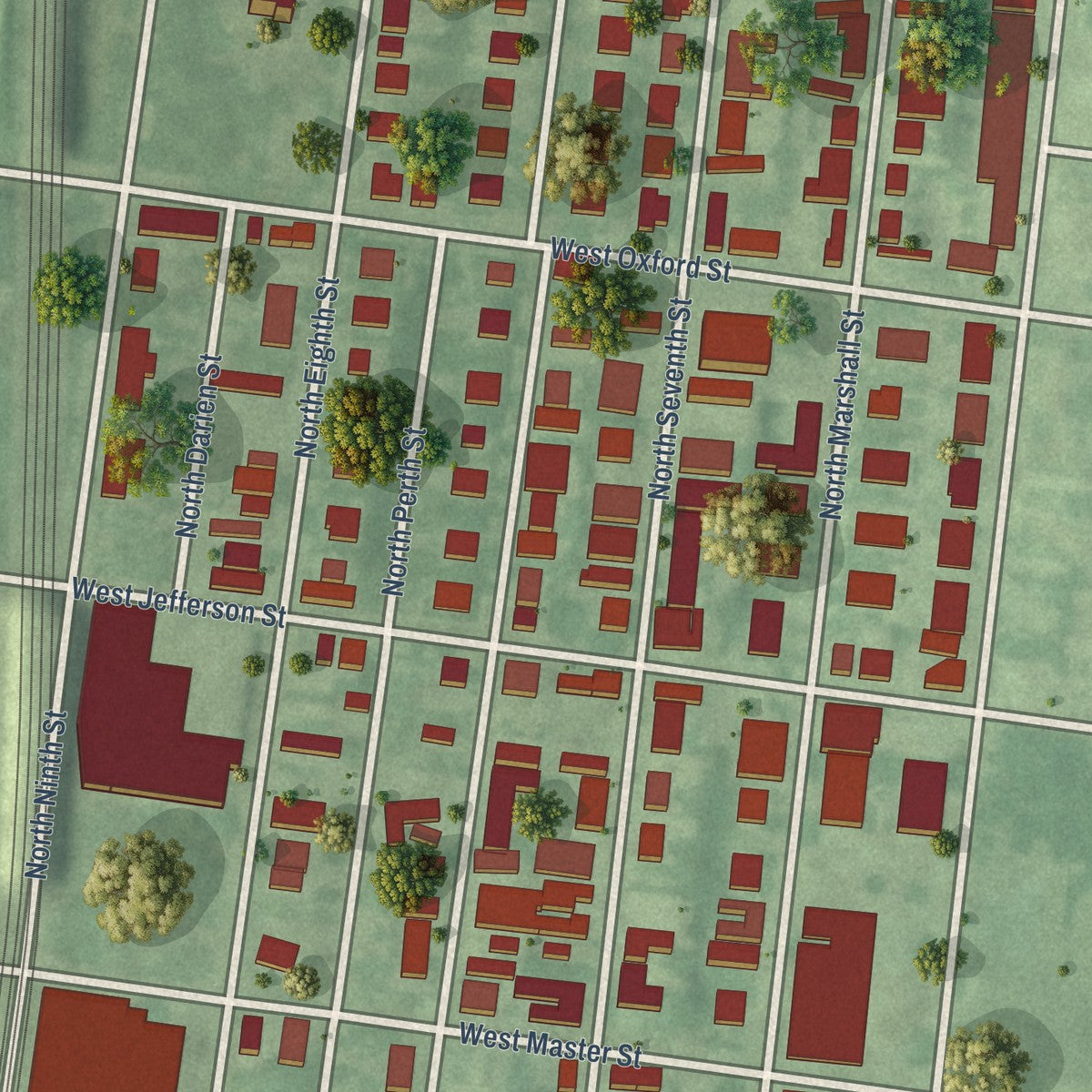 Close-up of the map of Ludlow, Pennsylvania print showing street and building detail
