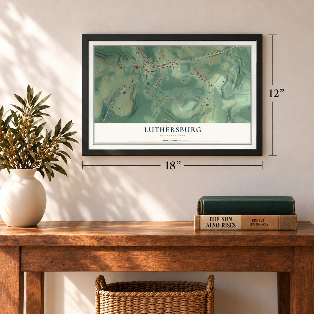 Luthersburg, Pennsylvania map, 12 x 18 inch print in a black frame in an entryway