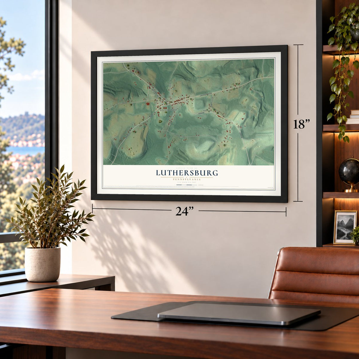 Luthersburg, Pennsylvania map, 18 x 24 inch print in a black frame in a home office