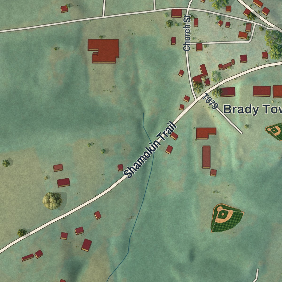 Close-up of the map of Luthersburg, Pennsylvania print showing street and building detail