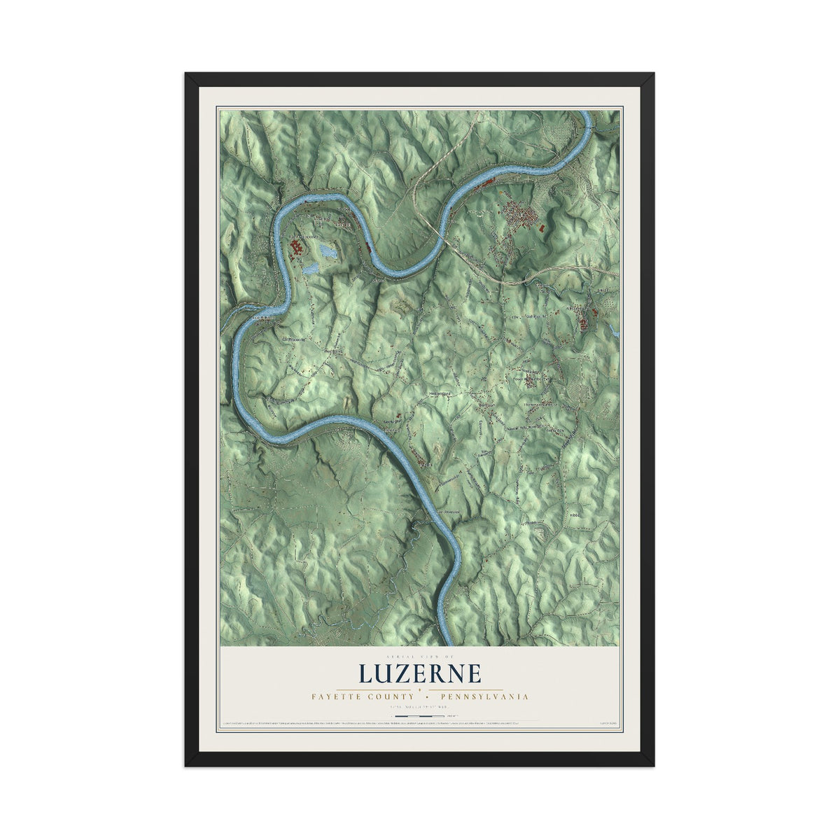 Map of Luzerne, Fayette County, Pennsylvania, 12 x 18 inch print in a black wood frame
