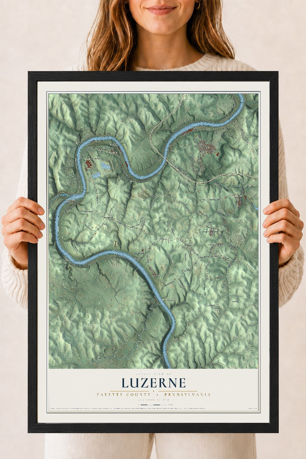Map of Luzerne, Fayette County, Pennsylvania, 18 x 24 inch print in a black wood frame
