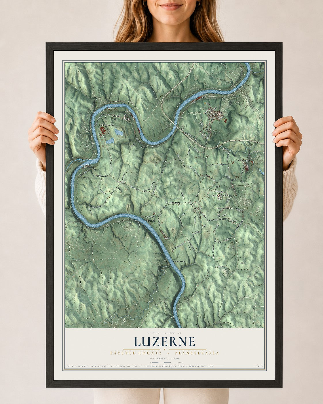 Map of Luzerne, Fayette County, Pennsylvania, 24 x 36 inch print in a black wood frame