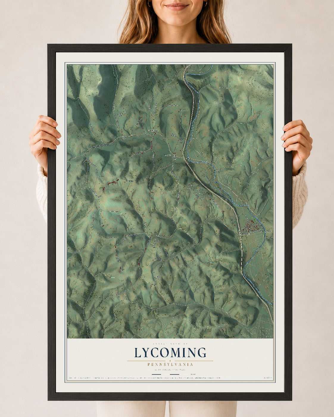 Map of Lycoming, Pennsylvania, 24 x 36 inch print in a black wood frame
