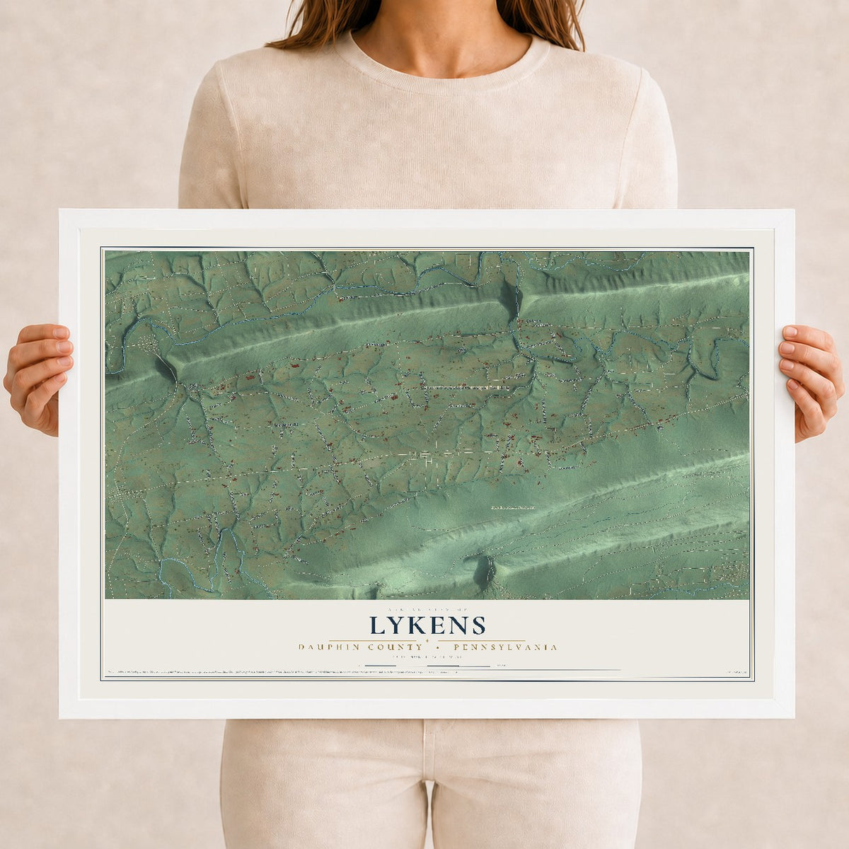 Map of Lykens, Dauphin County, Pennsylvania, 12 x 18 inch print in a white wood frame