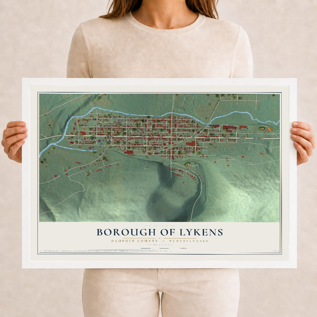 Map of the Borough of Lykens, Dauphin County, Pennsylvania, 12 x 18 inch print in a white wood frame