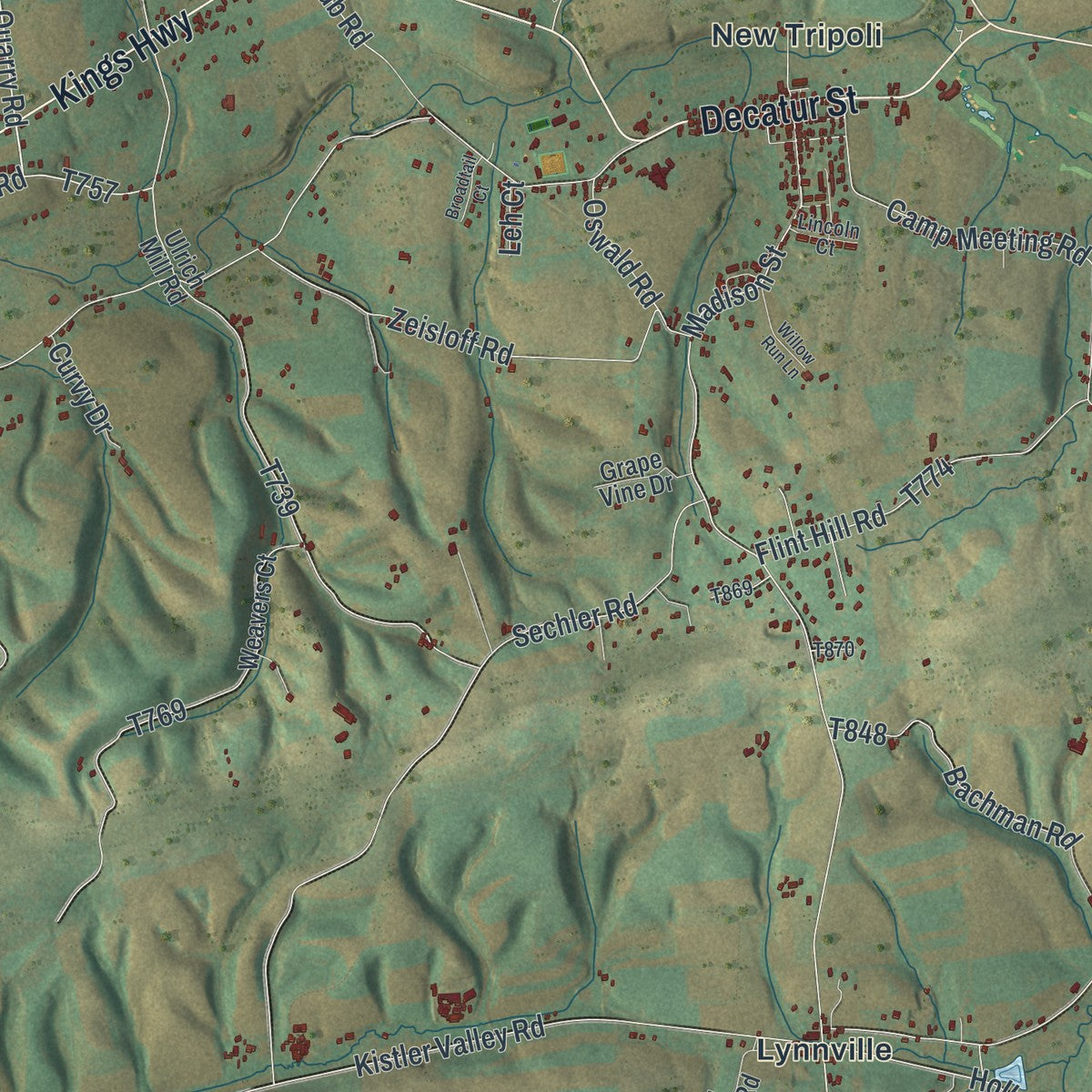 Second close-up of the map of Lynn, Pennsylvania print showing more streets and buildings