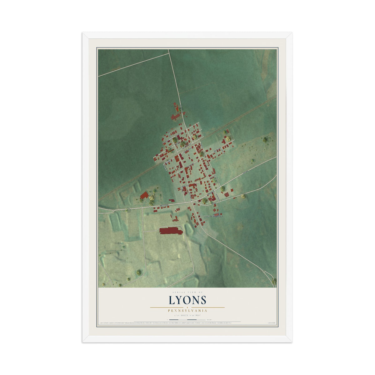 Map of Lyons, Pennsylvania, 12 x 18 inch print in a white wood frame