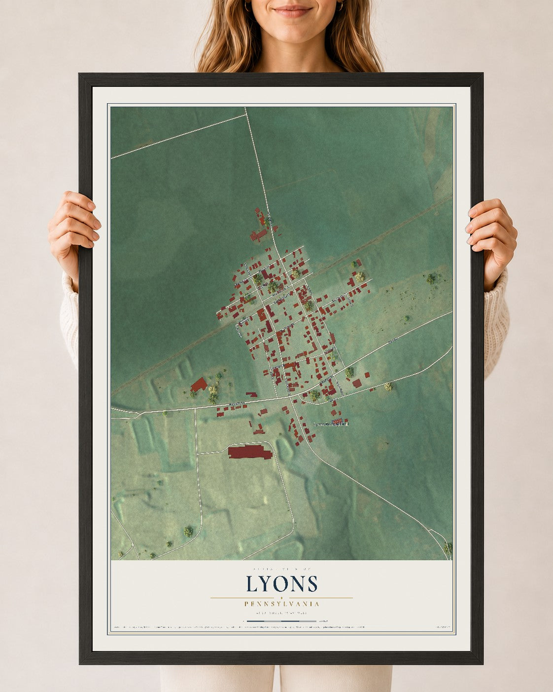 Map of Lyons, Pennsylvania, 24 x 36 inch print in a black wood frame