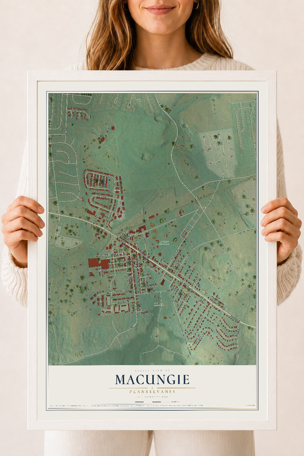 Map of Macungie, Pennsylvania, 18 x 24 inch print in a white wood frame