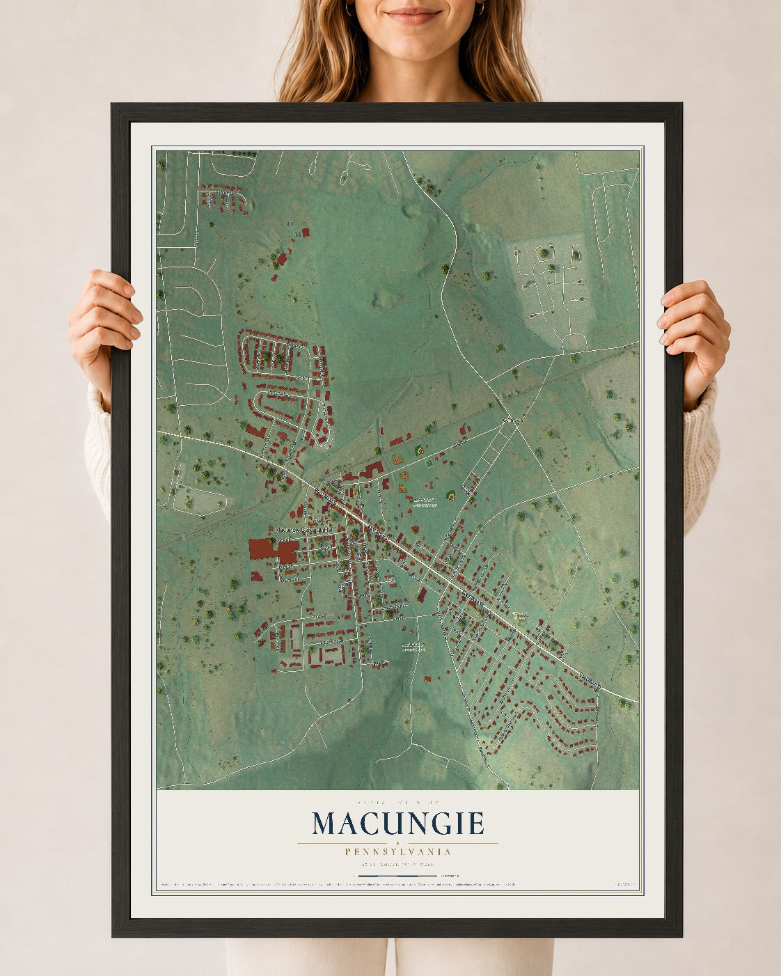 Map of Macungie, Pennsylvania, 24 x 36 inch print in a black wood frame
