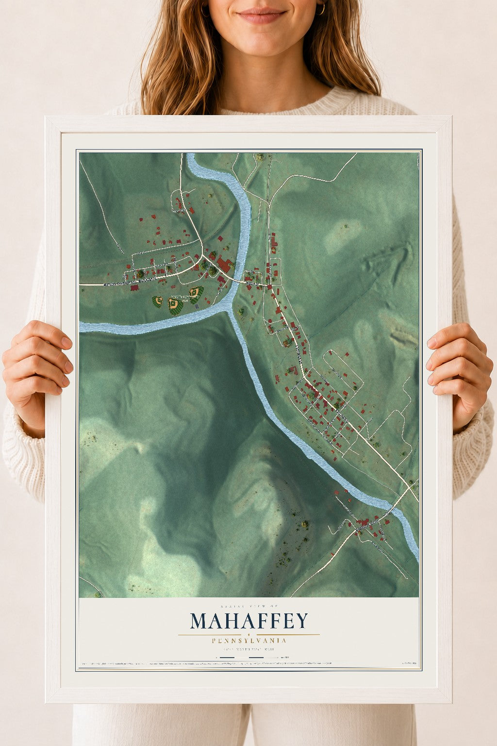 Map of Mahaffey, Pennsylvania, 18 x 24 inch print in a white wood frame
