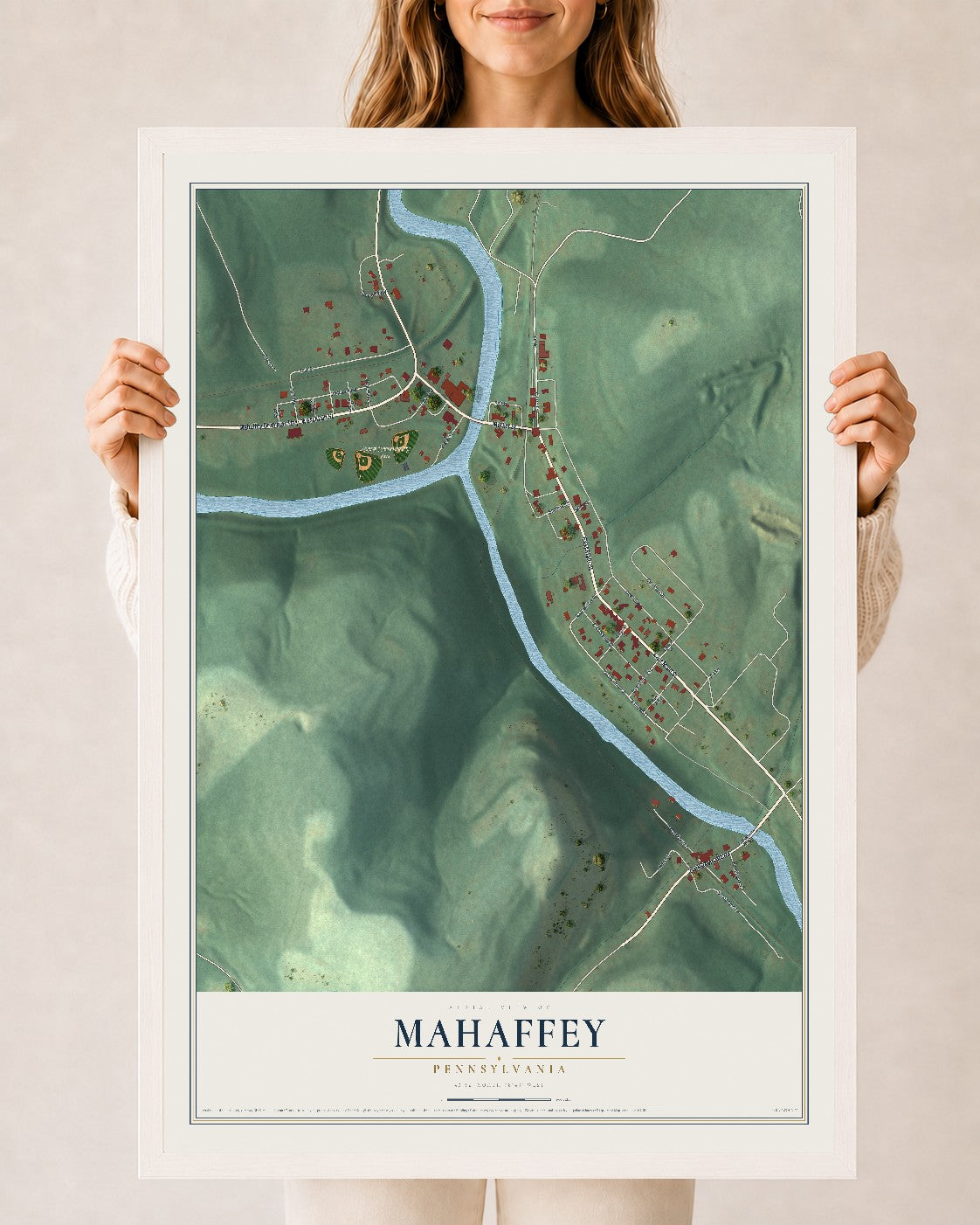 Map of Mahaffey, Pennsylvania, 24 x 36 inch print in a white wood frame