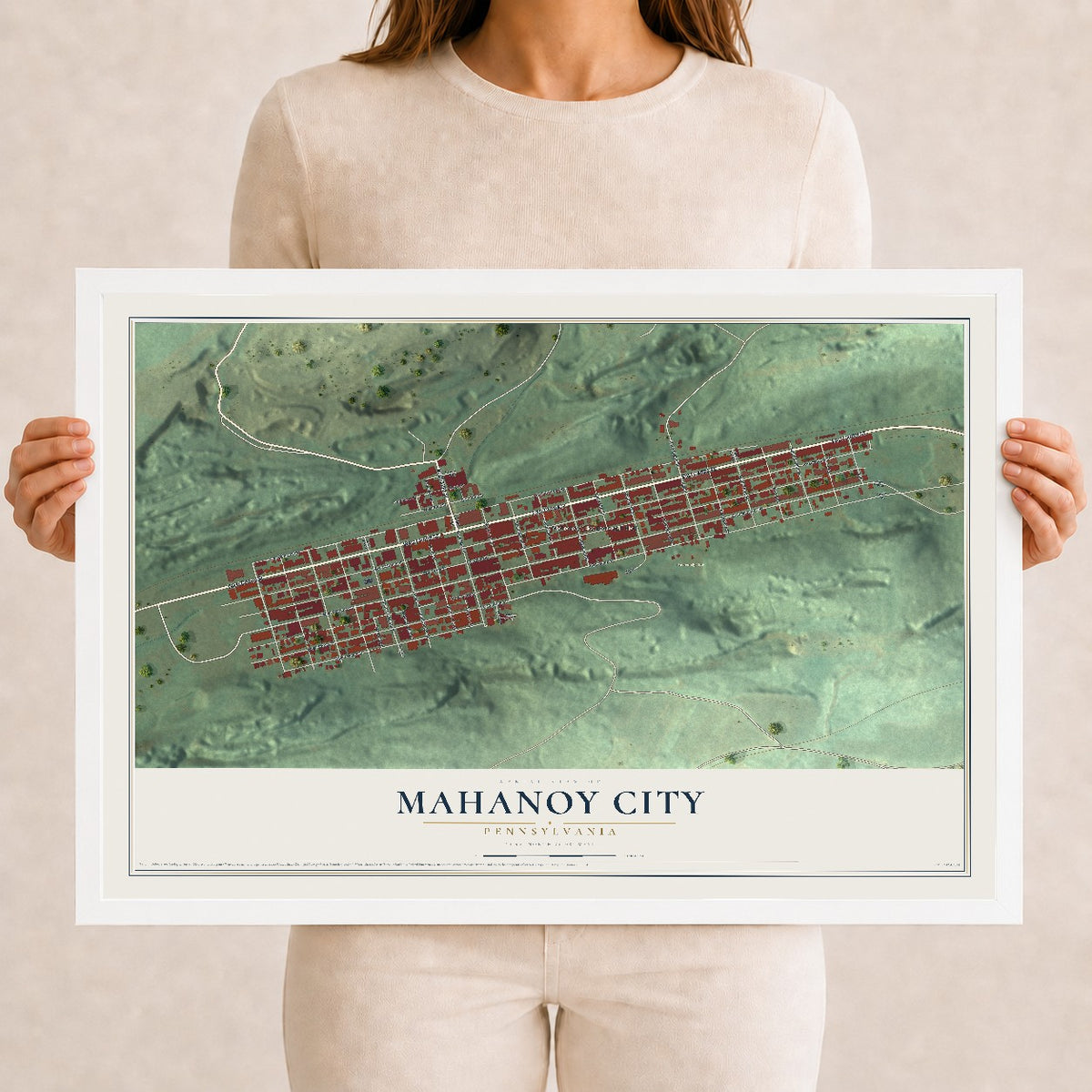 Map of Mahanoy City, Pennsylvania, 12 x 18 inch print in a white wood frame