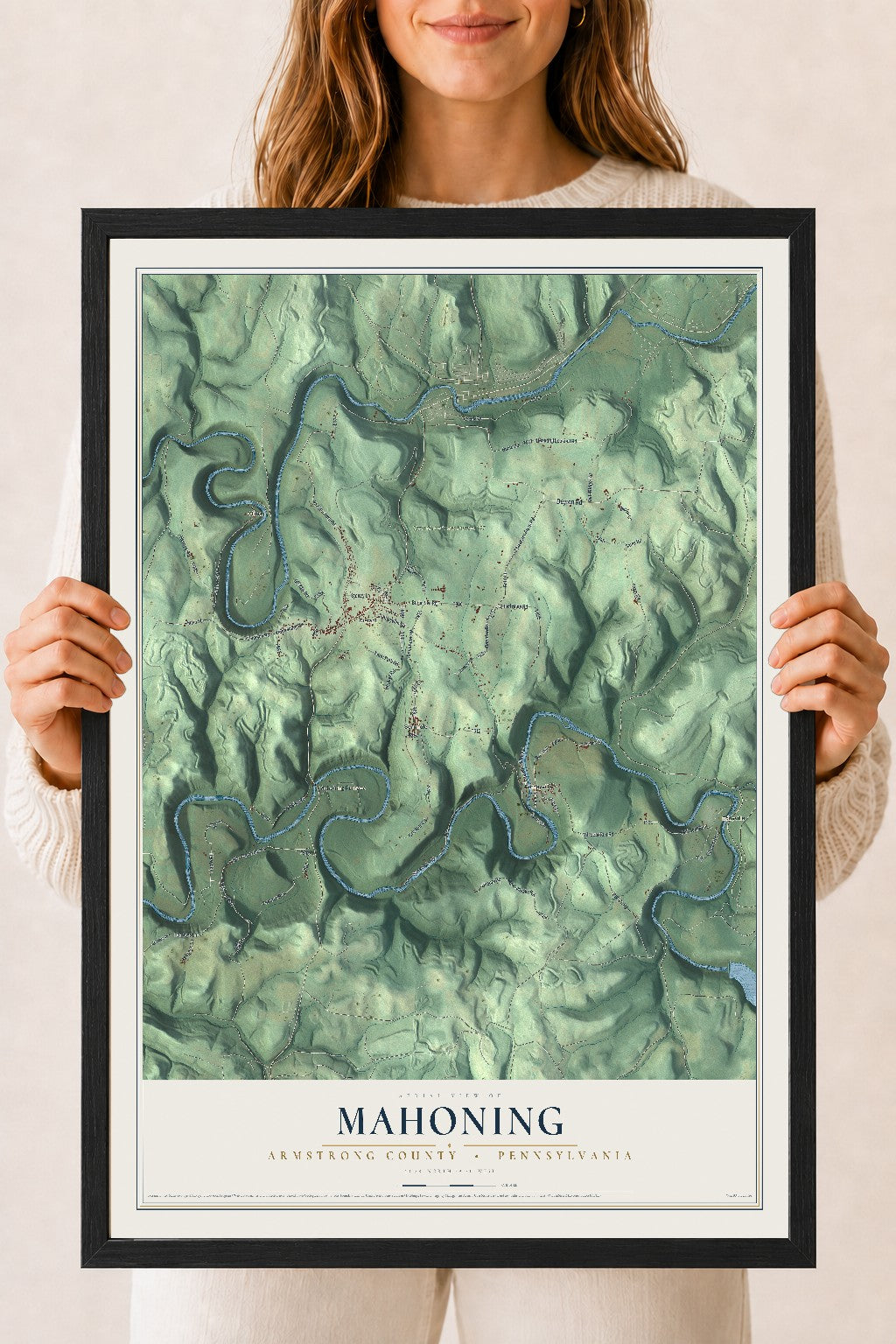 Map of Mahoning, Armstrong County, Pennsylvania, 18 x 24 inch print in a black wood frame