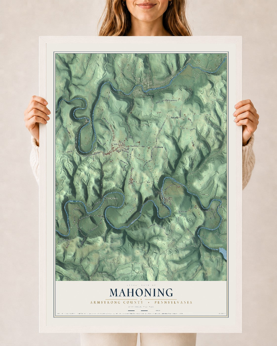 Map of Mahoning, Armstrong County, Pennsylvania, 24 x 36 inch print in a white wood frame