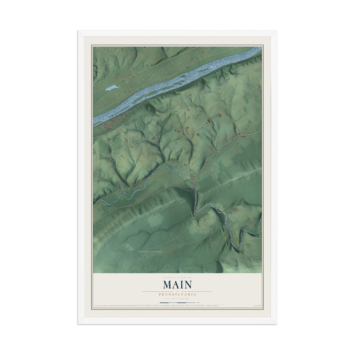 Map of Main, Pennsylvania, 12 x 18 inch print in a white wood frame