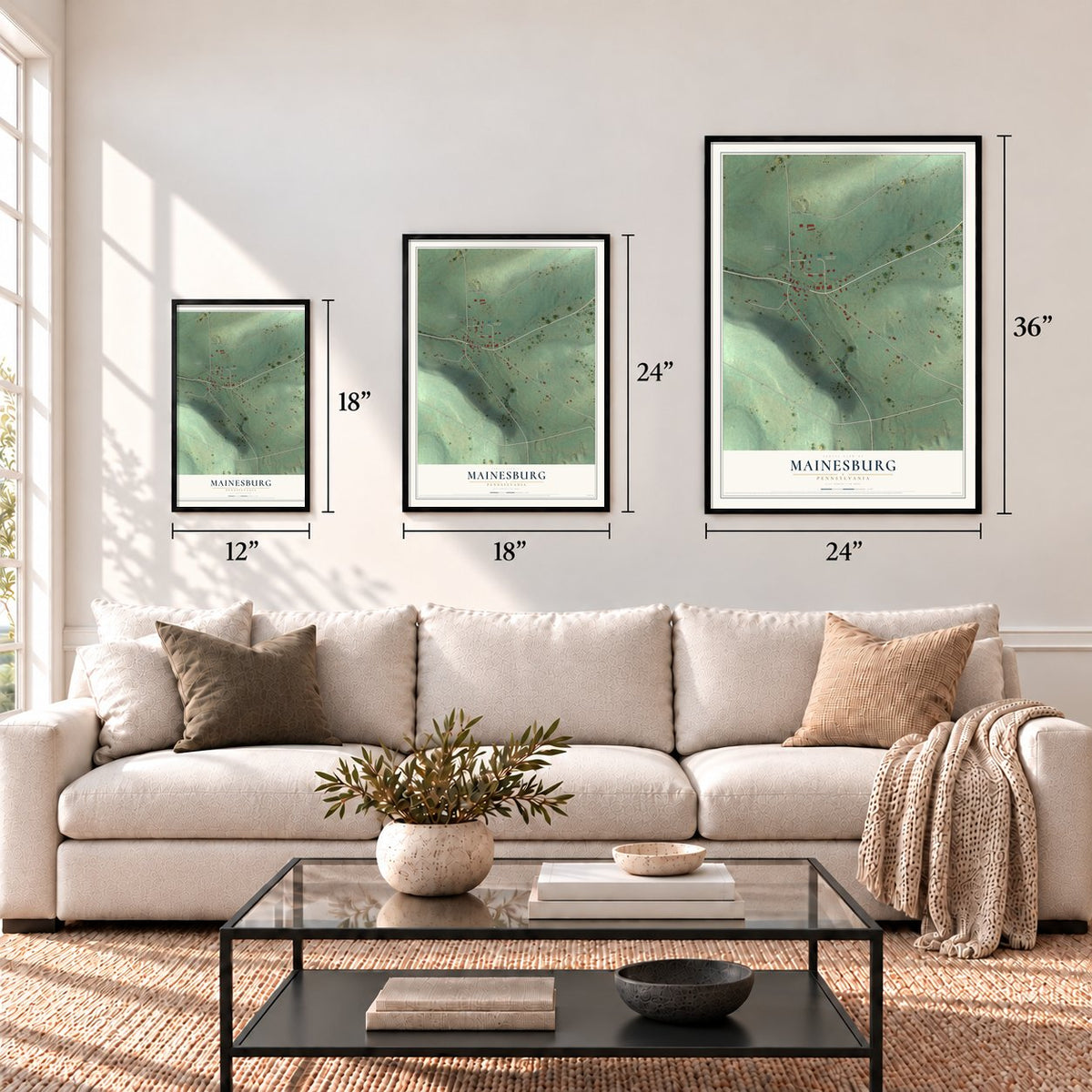 Mainesburg, Pennsylvania map in 12 x 18, 18 x 24 and 24 x 36 inch sizes above a sofa
