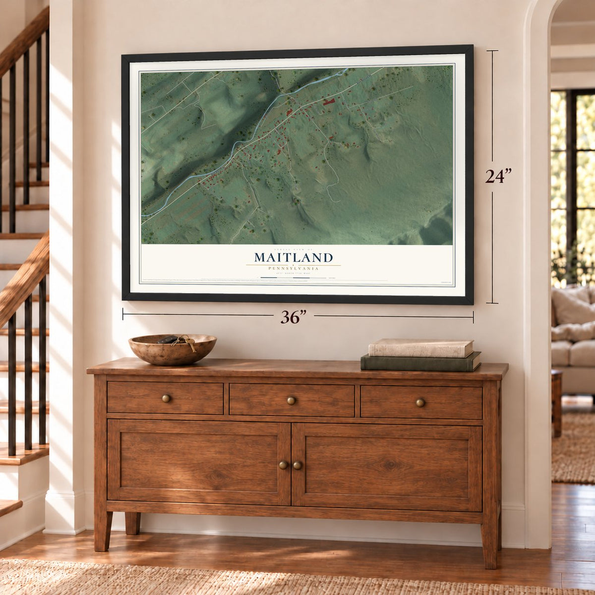 Maitland, Pennsylvania map, 24 x 36 inch print in a black frame above a dresser by a staircase
