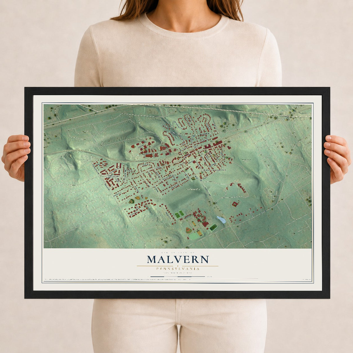 Map of Malvern, Pennsylvania, 12 x 18 inch print in a black wood frame