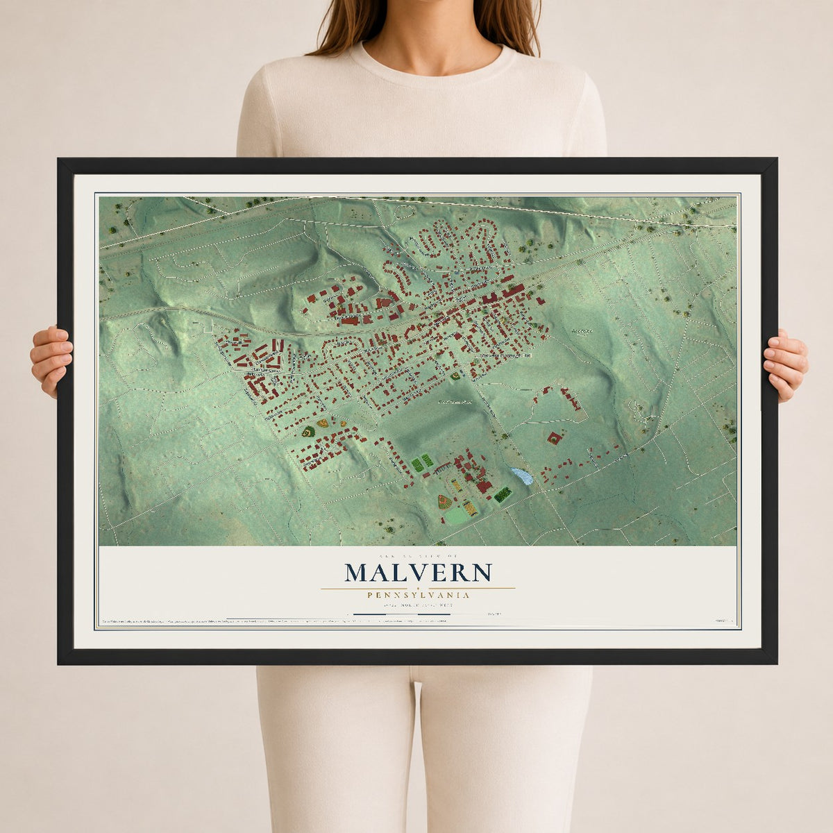 Map of Malvern, Pennsylvania, 24 x 36 inch print in a black wood frame