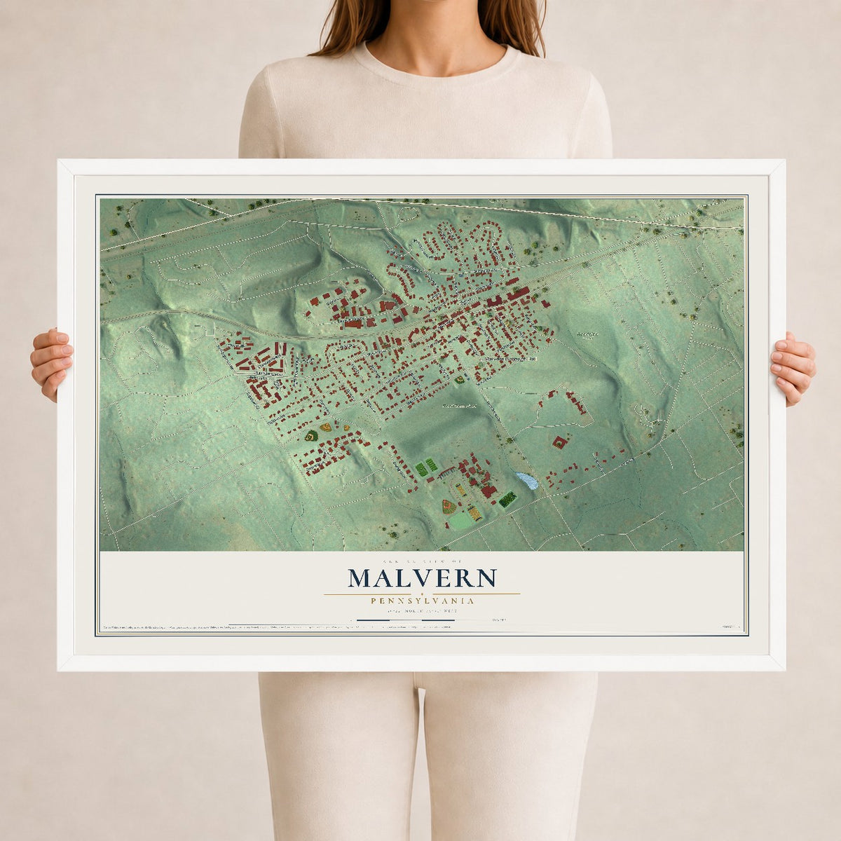 Map of Malvern, Pennsylvania, 24 x 36 inch print in a white wood frame