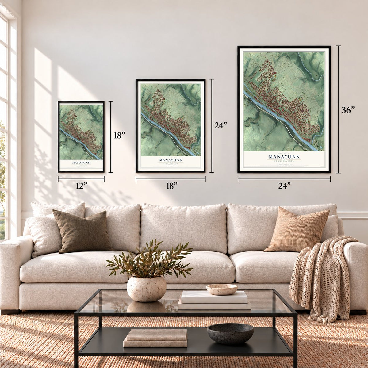 Manayunk, Pennsylvania map in 12 x 18, 18 x 24 and 24 x 36 inch sizes above a sofa