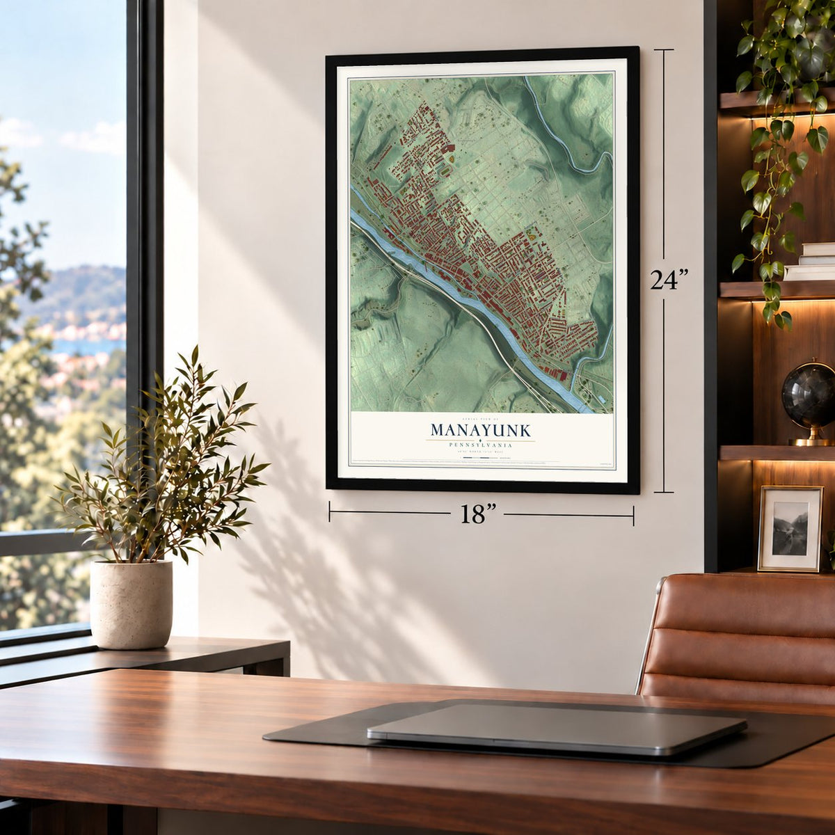 Manayunk, Pennsylvania map, 18 x 24 inch print in a black frame in a home office