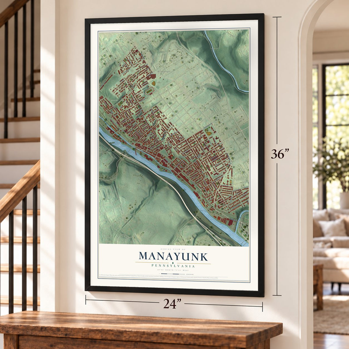 Manayunk, Pennsylvania map, 24 x 36 inch print in a black frame by a staircase