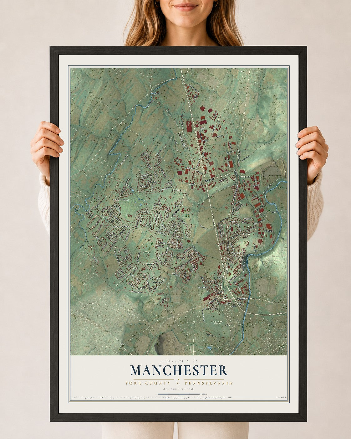 Map of Manchester, York County, Pennsylvania, 24 x 36 inch print in a black wood frame